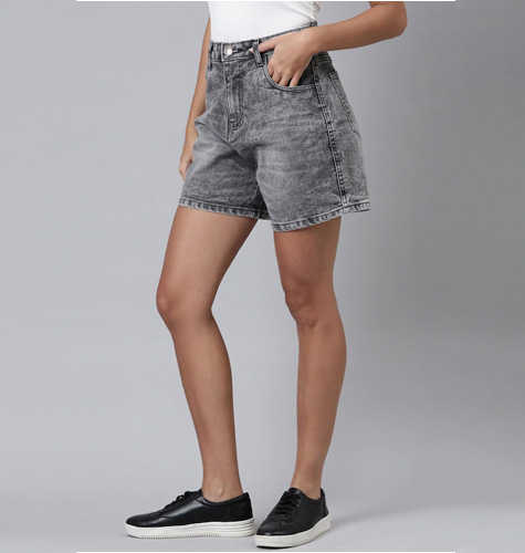 Women Grey Washed Loose Fit High-Rise Denim Short